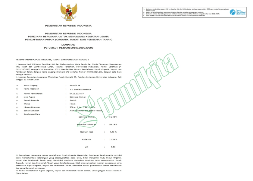 Izin Kementan HUMALIT