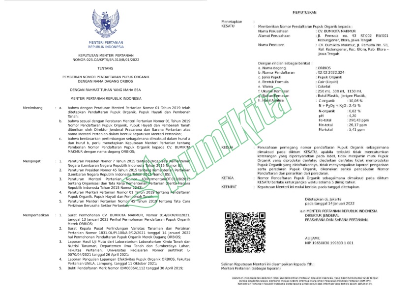 Izin Kementan ORBIOS
