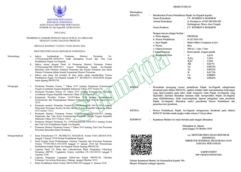 Izin Kementan PRONUM